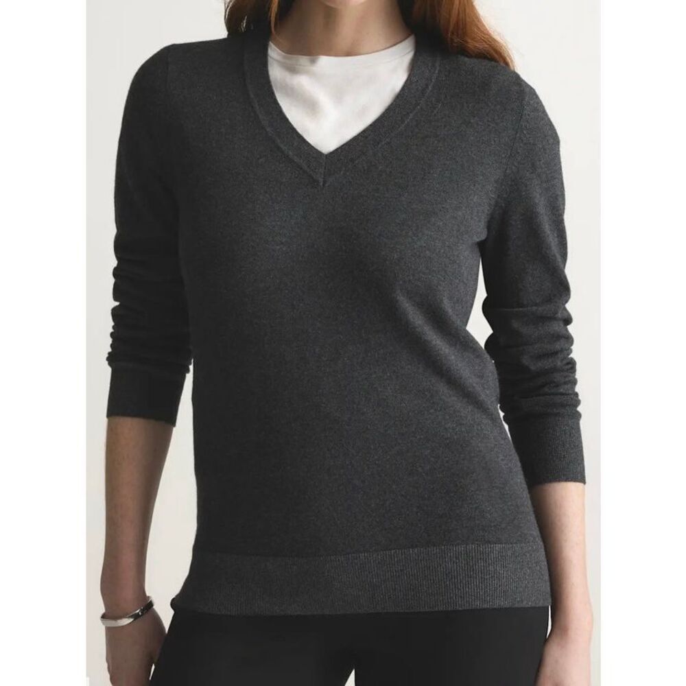 Quince Lightweight Cotton Cashmere V-Neck Sweater Heather Charcoal Size L